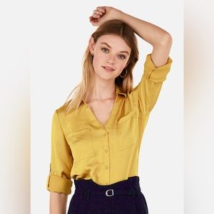 Express Satin Slim Fit Portofino Shirt in Yellow - Medium